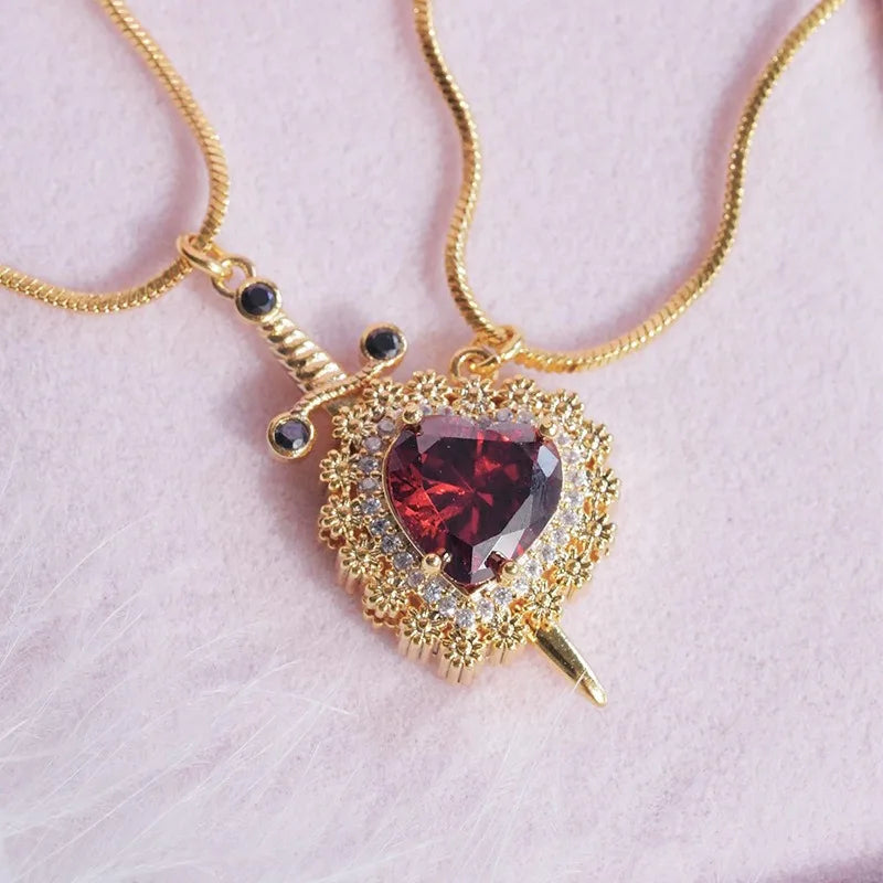 Gothic Rhinestone Heart Dagger Necklace